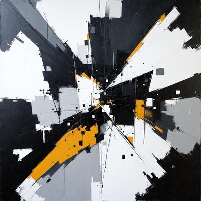 The primary subject of the image is a large, abstract painting featuring a mix of black, white, yellow, and orange colors. The painting is displayed on a wall, which serves as the setting or background. The visual style of the painting is a combination of digital art and illustration, creating a unique and intriguing appearance. The dominant colors in the painting are black, white, and yellow, with the orange accents adding a touch of warmth and vibrancy to the overall atmosphere.
